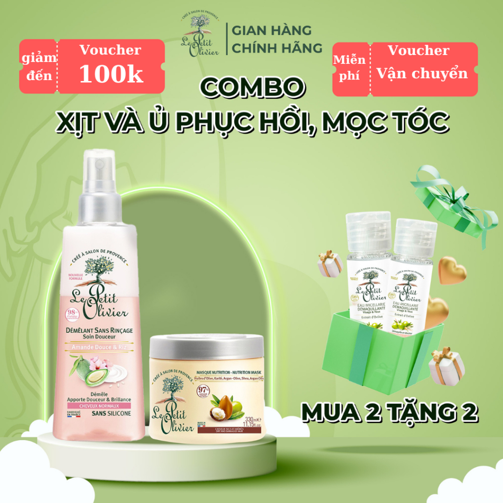 Combo Xịt Dưỡng Làm Mềm Tóc 150ml và Kem Ủ Phục Hồi Tóc Hư Tổn 330ml Le Petit Olivier