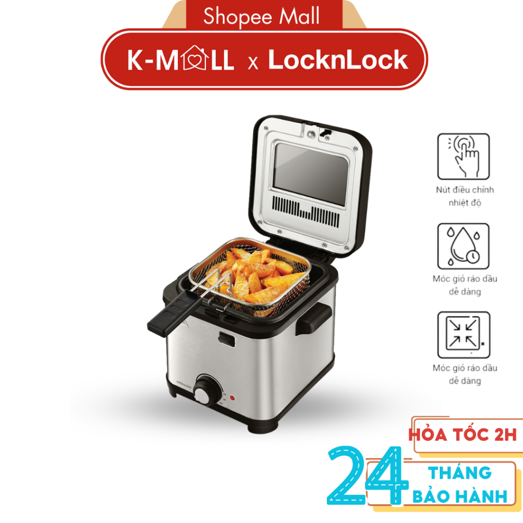 Nồi chiên ngập dầu LocknLock 1.5L màu bạc, có nắp kính ngăn dầu bắn ra ngoài EJF716SLV - K-MALL