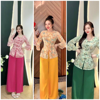 Set bộ lam gấm , set bộ bà ba nút bọc quần ống rộng siêu mượt _đồ bộ bà ba hot _xưởng may thu lê