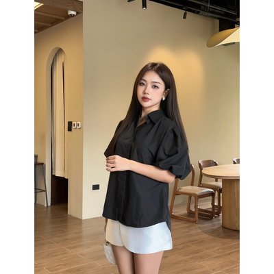 YU CHERRY | Áo sơmi thiết kế nữ tay phồng ngắn giấu nút Puff Shirred Shirt YA489