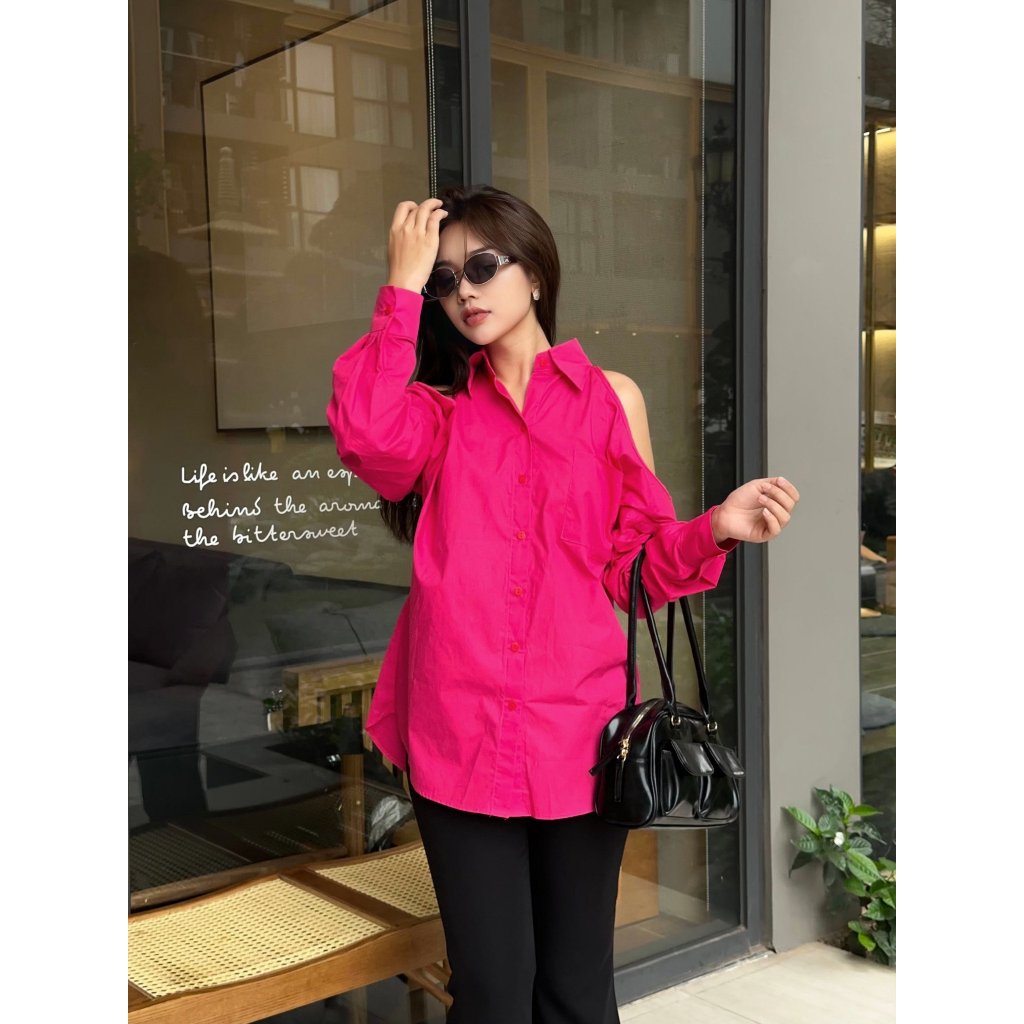 YU CHERRY | Áo sơmi basic kẻ sọc nhỏ khoét vai cách điệu Cutout Shoulder Shirt YA474