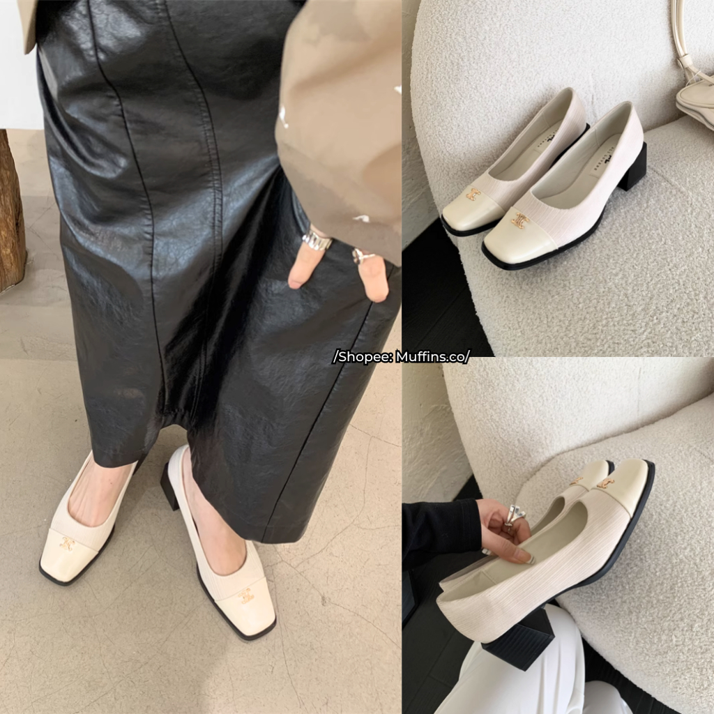 [SẴN HÀNG] 𝐌𝐮𝐟𝐟𝐢𝐧𝐬.𝐜𝐨🐧 Giày cao gót mũi vuông đế 5 cm phối màu họa tiết CLin TN