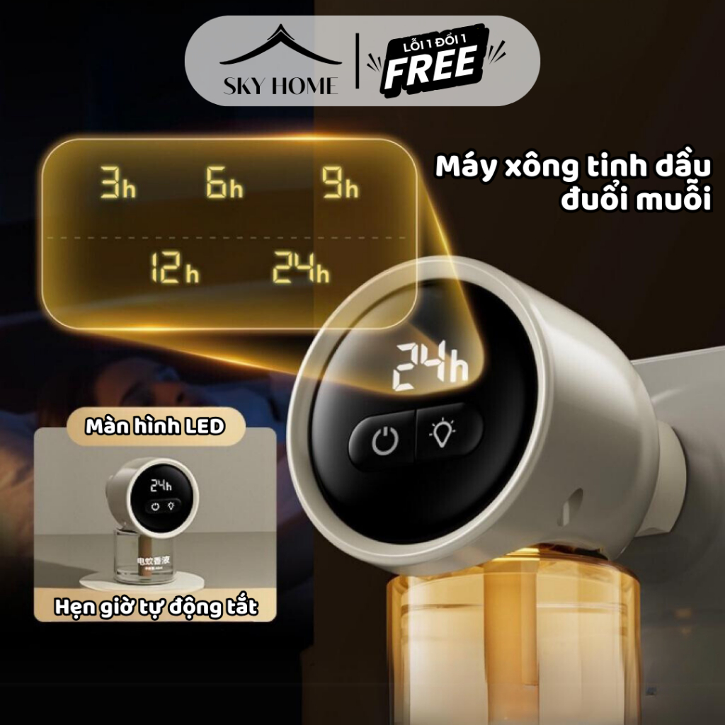 Máy Xông Tinh Dầu Đuổi Muỗi Hẹn Giờ Màn Hình LED Tích Hợp Đèn Ngủ, Máy Đuổi Muỗi Khuếch Tán Rộng MXTD01 - Sky Home