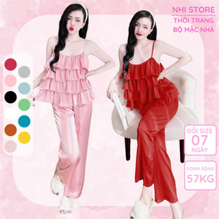 Set Bộ Kiểu Nữ Nhi Store Đồ Bộ Áo Kiểu Hai Dây Bèo Bèo Quần Dài Lưng Thun Lụa Latin Mềm Mát Freesize 57Kg