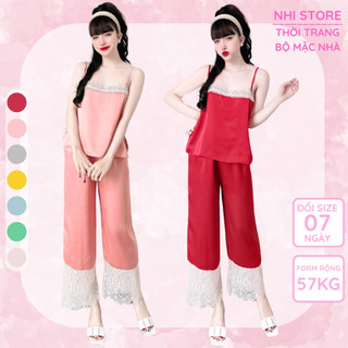 Bộ Mặc Nhà Nữ Nhistore Sét Dài Áo Kiểu Quần Dài Áo 2 Dây Rộng Phối Ren Chất Lụa Satin Loại 1 Freesize Dưới 57kg