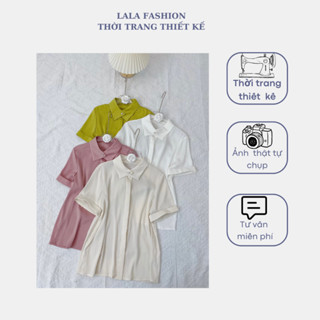 Lala fashion Sơ mi lụa tằm vân cổ đức đính khuy hoa đá tay cộc (SM4283)