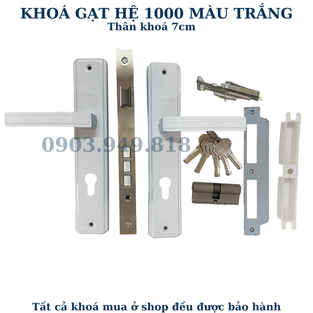 Khóa tay gạt cửa đi hệ 1000 TRẮNG dùng cho cửa nhôm, sắt, gỗ (Khoá tay gạt hệ 1000 ruột 70mm)