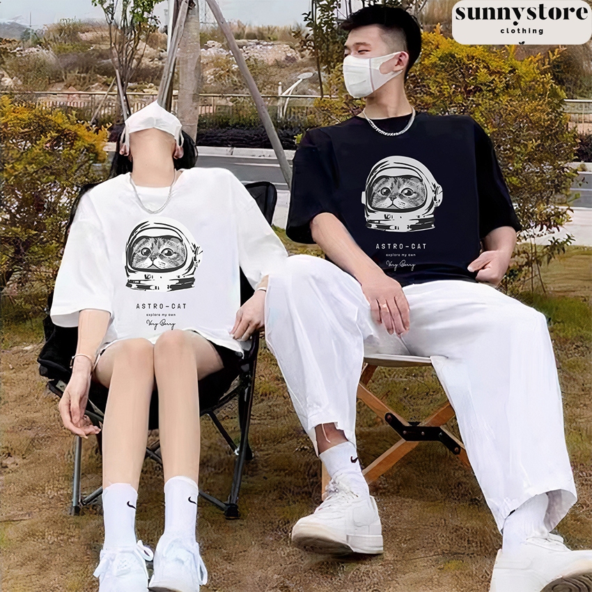 Áo thun phông nam nữ form rộng in hình mèo vũ trụ phi hành gia 100% cotton