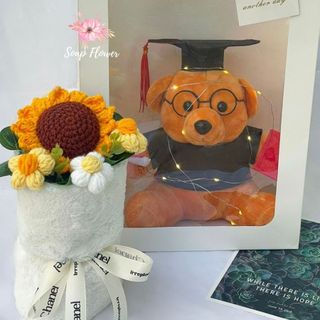 Bó hoa hướng dương trụ kèm gấu bông, hoa giả cao cấp quà tặng sinh nhật cho nữ,hoa len trang trí đẹp