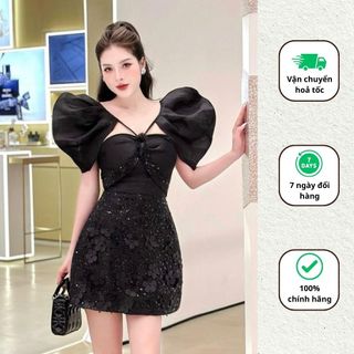 Váy tiểu thư sang chảnh thiết kế kim sa đính hoa đầm tay bồng cổ yếm dự tiệc Minaca Clothing V249