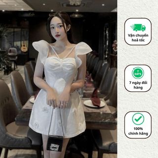 Váy nữ chất tafta nhũ đính hoa đi tiệc đầm 2 dây phối tay cánh tiên sang chảnh Minaca Clothing V251
