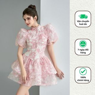 Váy hoa voan tơ tay bồng cổ trụ đầm xoè đi tiệc chiết eo 2 tầng thiết kế sang chảnh Minaca V258
