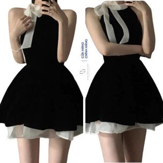 Váy Nữ Ôm Dáng Hai Màu Đen Trắng Phong Cách Ulzzang Đầm Body Cổ Yếm Thắt Nơ Dáng Xoè DH STUDIO