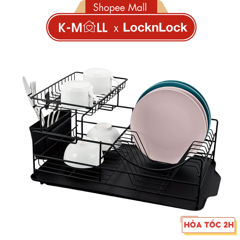 Kệ chén dĩa LocknLock 2 tầng bằng sắt 2 Tier Dish Rack LDR206BLK - Hàng chính hãng, dễ lắp đặt - K-MALL