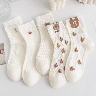 Tất cổ cao màu trắng họa tiết gấu nâu xinh xắn màu sắc pastel