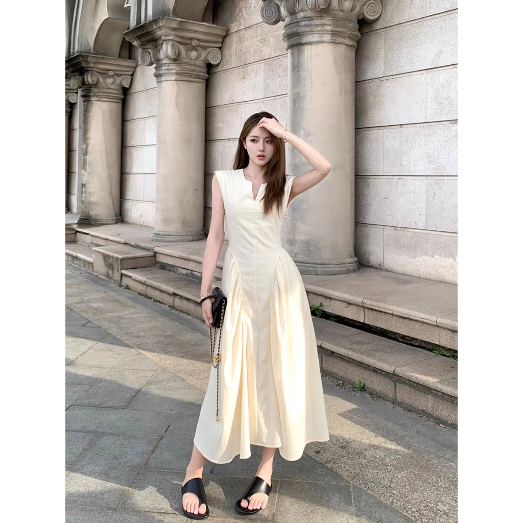 Váy Nữ Thiết Kế Cổ V Dáng Xòe Bồng, Đầm Nữ Tay Hến Chiết Eo Phong Cách Tiểu Thư Hàn Quốc