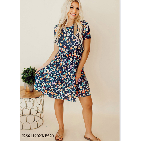Blue Short Sleeve A-line Floral Dress (KS6119023-P520) - Big Size (50-130kg)