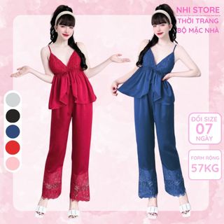 Bộ Mặc Nhà Nữ NHISTORE Quần Dài  Lai Ren Áo Cúp Ngực Sexy Phối Ren  Freesize Dưới 57kg