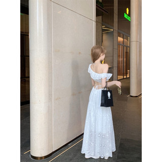 (ORDER)Váy maxi cánh tiên, bo chun eo cutout hở lưng, dáng xoè vải boi thô hoạ tiết thêu hoa đục lỗ (có ảnh thật)