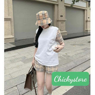 Set bộ áo phông cotton tay ngắn phối quần sooc lưng chun kẻ sọc dáng ngắn basic, dạo phố