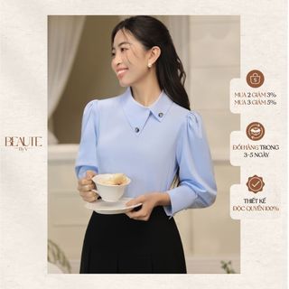 Beautebyv - áo sơ mi nữ cổ lệch tay cách điệu carmi