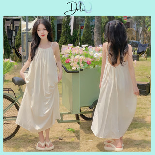 Đầm 2 dây maxi cổ yếm hở lưng dáng dài, đầm maxi chất liệu thô đi biển sang chảnh