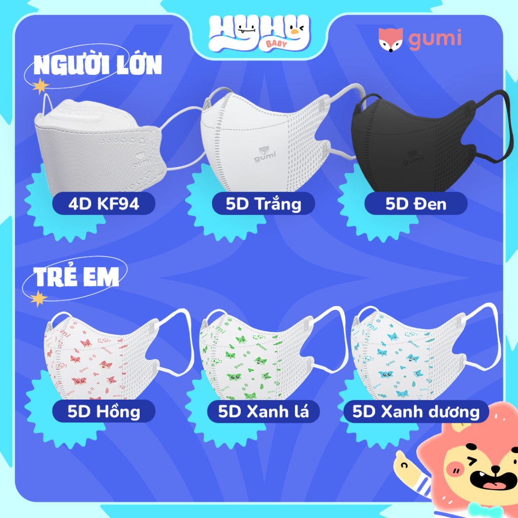 [10 CHIẾC] Khẩu Trang Gumi Chính Hãng Đủ Size Người Lớn & Trẻ Em | 5D – 6A – KF94 | Lọc Bụi PM2.5 – 