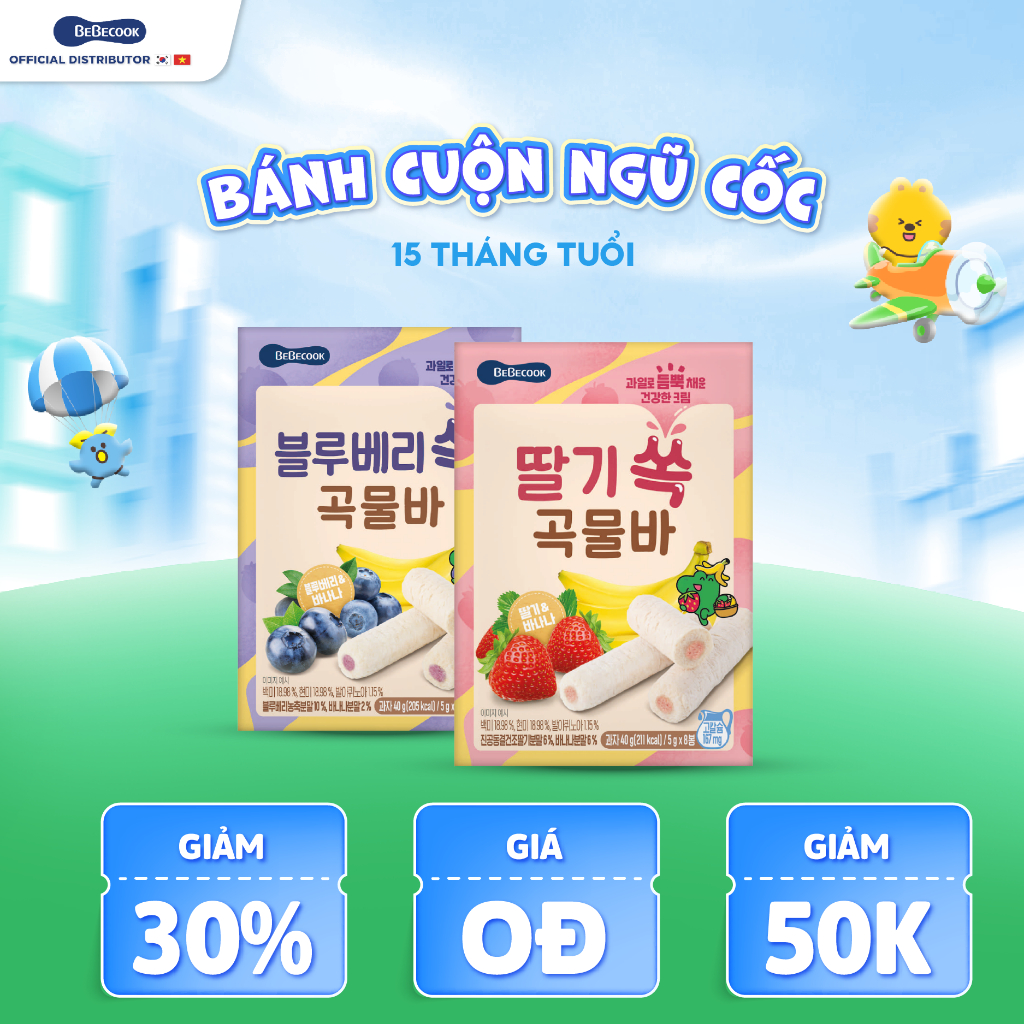 Bánh ngũ cốc ăn dặm cho bé BeBecook dạng thanh cuộn vị trái cây hữu cơ 40gr/gói