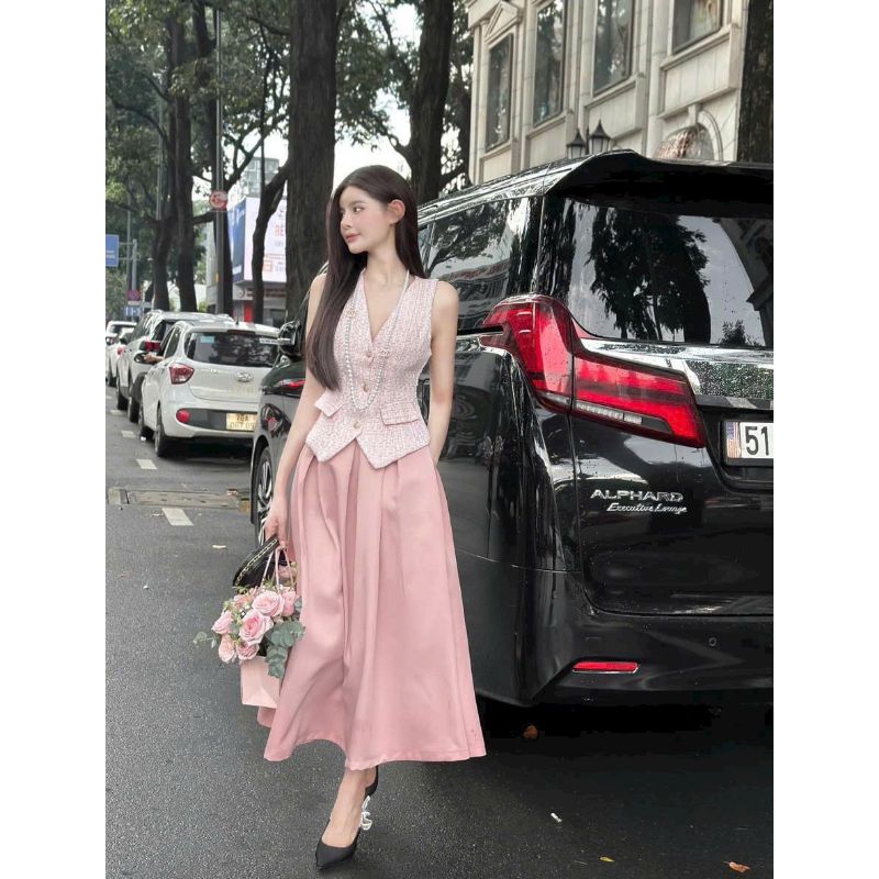 Set vest dạ sát nách phối chân váy Hồng chất vải dày mịn đẹp mặc đi tiệc đi chơi siêu xinh