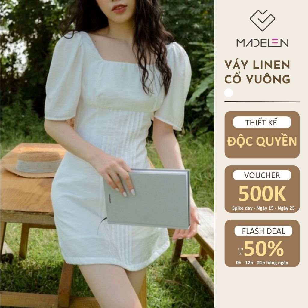 Váy liền cổ vuông nữ chất vải linen màu trắng tinh khôi MADELEN