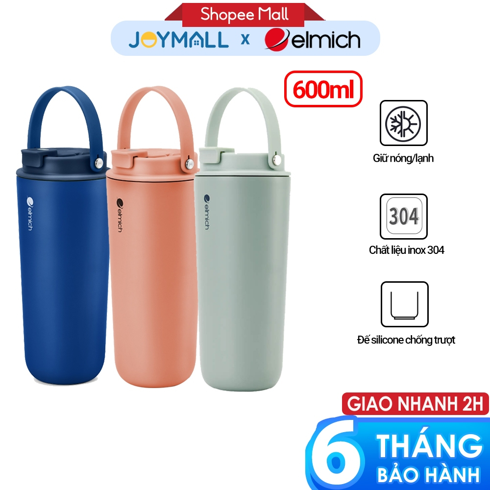 Ly giữ nhiệt Elmich EL8312 600ml, Hàng chính hãng, có ống hút, quai xách, đế chống trượt - JoyMall