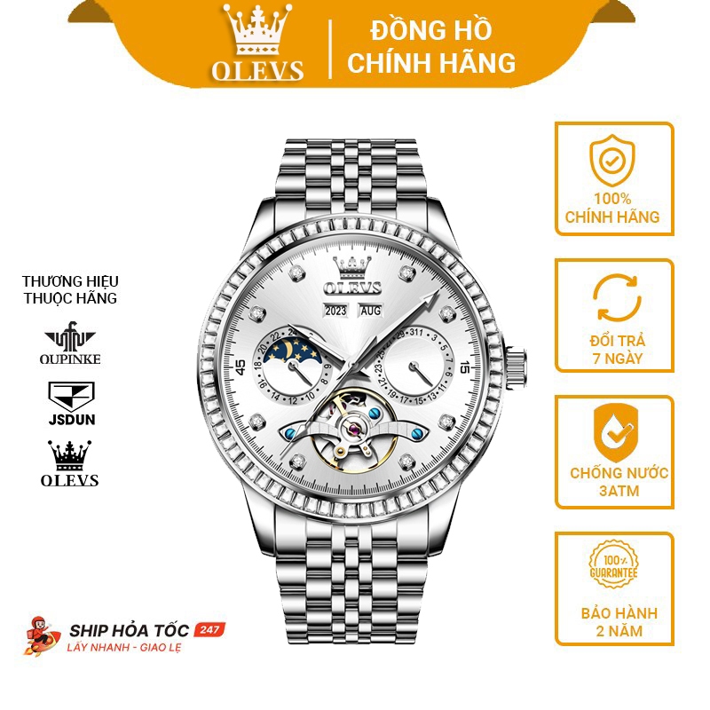 Đồng hồ Olevs nam automatic lộ cơ cao cấp,Đồng hồ đeo tay size 41mm,Đồng hồ dây thép chống nước tặng chồng bạn trai