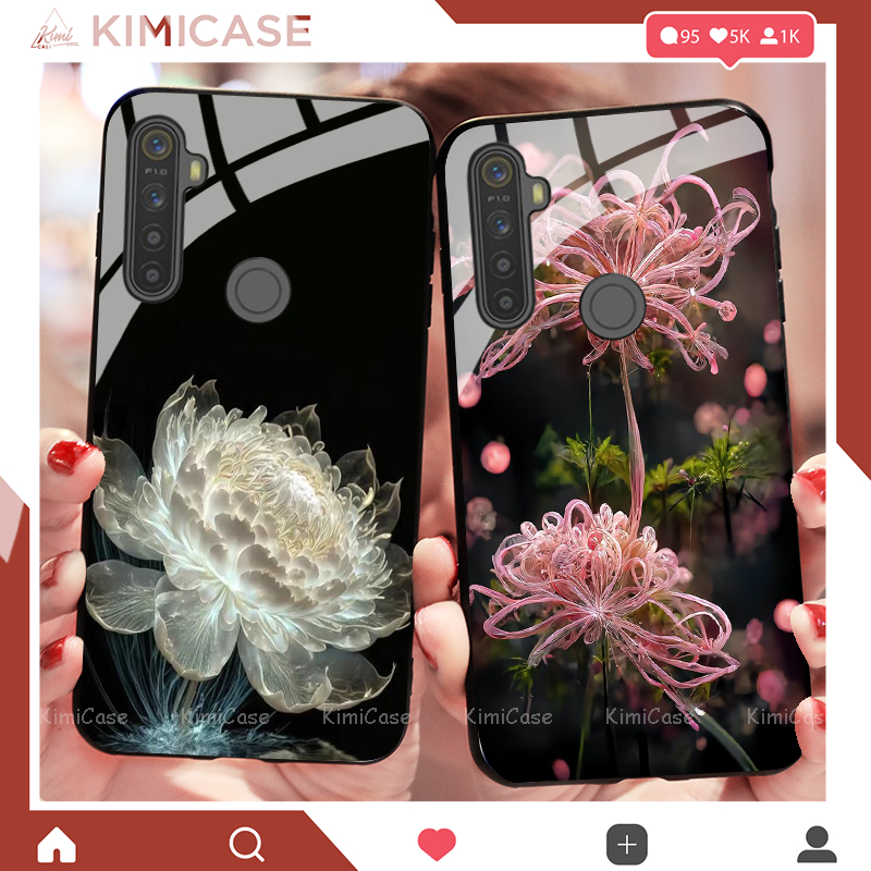 Ốp Oppo Realme 5 / Realme 5s / Realme 5i / Realme 6i , Realme 5 pro / Realme Q , Realme C3 lưng kính cường lực hoa lá