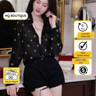 Áo chữ kim tuyến tơ sơ mi dài tay nữ công sở họa tiết chữ kim tuyến nền đen trắng , áo sơ mi thiết kế MQ Boutique