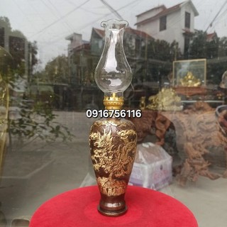Đèn dầu 30cm bằng đồng, đèn dầu chạm long phụng, đèn thờ cúng bằng đồng đốt dầu
