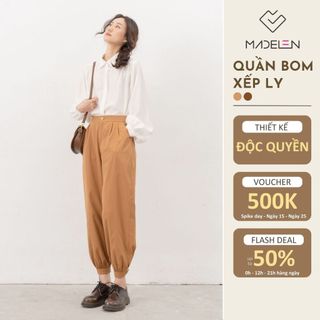Quần bom xếp ly be đáp chun sau madelen
