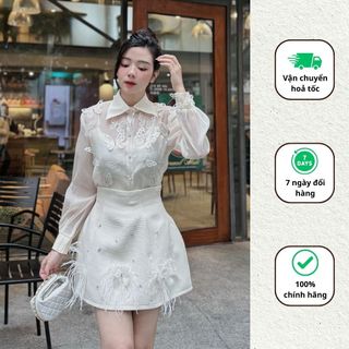 Set áo tơ chân váy dạ ngắn đính nơ xinh xắn set đồ nữ tết sang chảnh Minaca S63