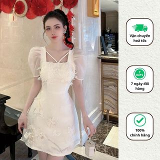 Váy nữ cổ dây yếm đính hoa chất tapta phối tơ đầm tay bồng thiết kế dự tiệc Minaca clothing V247