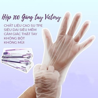 Hộp 100 găng tay dùng 1 lần victorya bay siêu dai chất liệu tpe chống mùi, chống nhăn