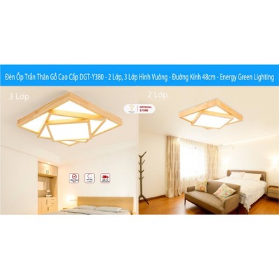 Đèn Ốp Trần Thân Gỗ Cao Cấp Energy Green Lighting DGT-Y380 - 2 Lớp, 3 Lớp Hình Vuông - Đường Kính 48cm - BH 1 Năm