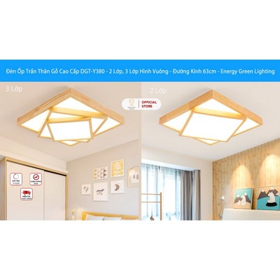 Đèn Ốp Trần Thân Gỗ Cao Cấp Energy Green Lighting DGT-Y380 - 2 Lớp, 3 Lớp Hình Vuông - Đường Kính 63cm - BH 1 Năm