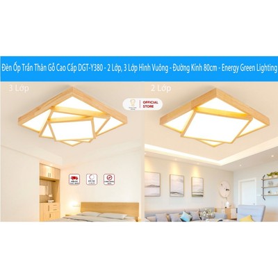 Đèn Ốp Trần Thân Gỗ Cao Cấp Energy Green Lighting DGT-Y380 - 2 Lớp, 3 Lớp Hình Vuông - Đường Kính 80cm - BH 1 Năm