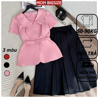 Set đồ bộ bigsize nữ dự tiệc đi chơi kiểu áo 3 nút phối nịt chân váy xếp ly lớn MON big size 50 - 90kg