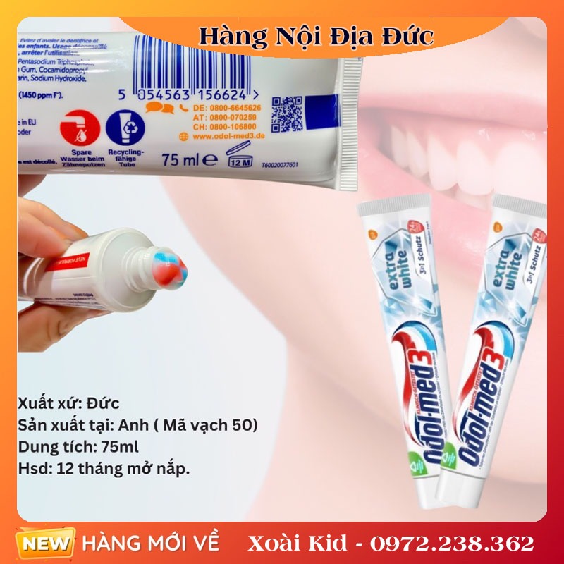 Date Mới Đủ Bill Kem đánh răng ODOL - MED 3 Extra white 75ml - Đức