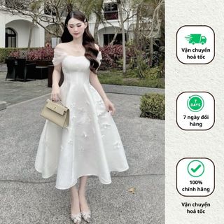 Váy Tafta trễ vai cúp ngực thiết kế sang chảnh đầm xoè dáng dài đính hoa đá đi tiệc Minaca V261