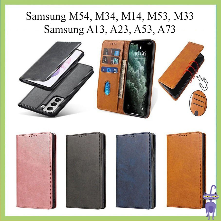 Bao da Samsung M55, M35, M15 M54, M34, M14, M33, M53, A13, A23, A33, A53, A73 kiểu ví, có nắp gập, hít nam châm