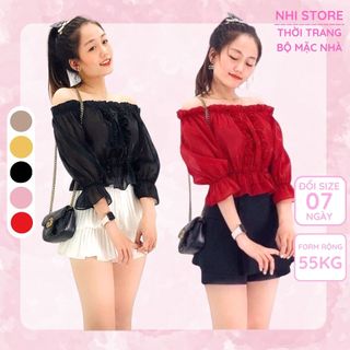 ÁO KIỂU NỮ NHISTORE VẢI BÓNG KIẾNG LỤA BẸT VAI BÈO DÚN THUN FREESIZE DƯỚI 55KG