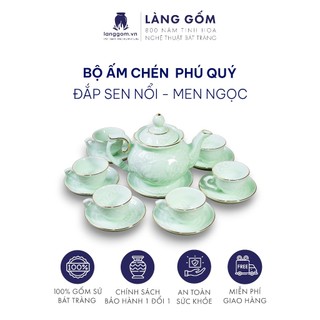 Bộ ấm chén phú quý men trắng và men ngọc vẽ họa tiết trúc chuồn - Gốm sứ Bát Tràng - langgom.vn