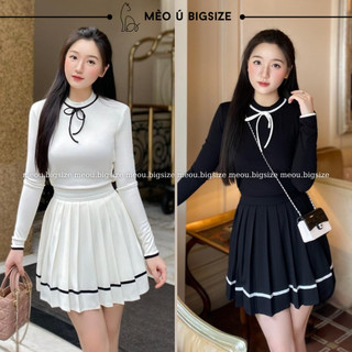 Set nữ BIGSIZE bộ áo len tăm cổ nơ dài tay mix chân váy xếp ly phối viền 199
