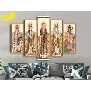 Tranh các vị Đức Phật - Bồ Tát, tranh Phật Giáo bộ 5 tấm chất liệu gỗ in tráng gương